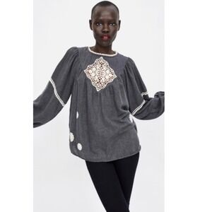 Zara Basic Women's S Gray Cotton Lace Applique Balloon Sleeve Boho Blouse